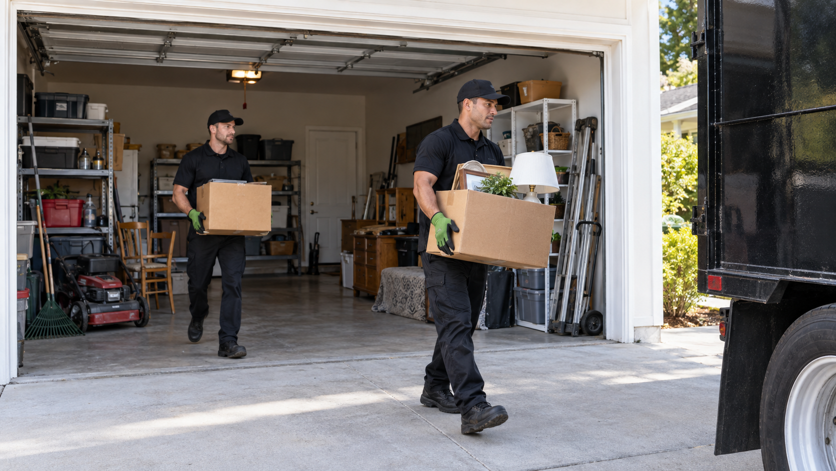 Professional junk removal crew carrying unwanted items from a residential garage into a box truck